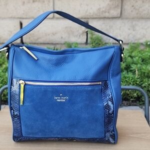 KATE SPADE blue Pebble Leather Suede Snakeskin detail top handle satchel bag